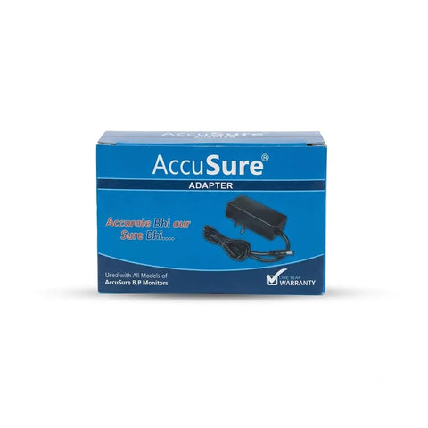 Retail packaging box of the AccuSure BP machine adapter highlighting universal model compatibility and a one-year warranty.