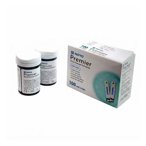Two storage vials placed next to the main packaging box of blood glucose meter strips.