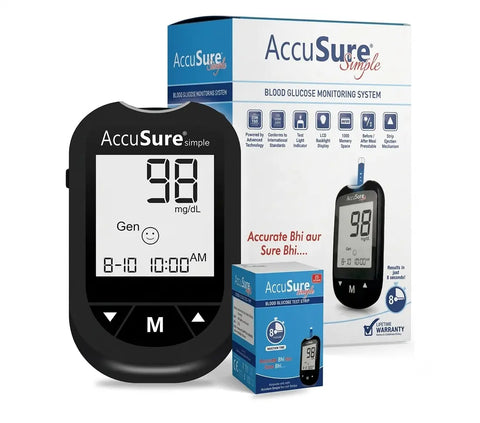 Retail packaging box displaying specifications, memory space, and lifetime warranty details for the AccuSure Simple Blood Glucose Meter with Strips.