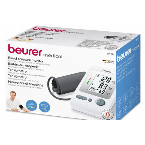 Front and side view of the retail packaging box highlighting German engineering and features for the Blood Pressure Machine Beurer BM26.