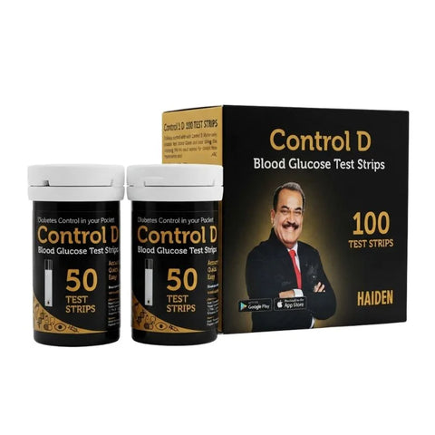 Outer box packaging and two 50-test-vials of control d sugar strips 100 featuring brand ambassador Anupam Kher.