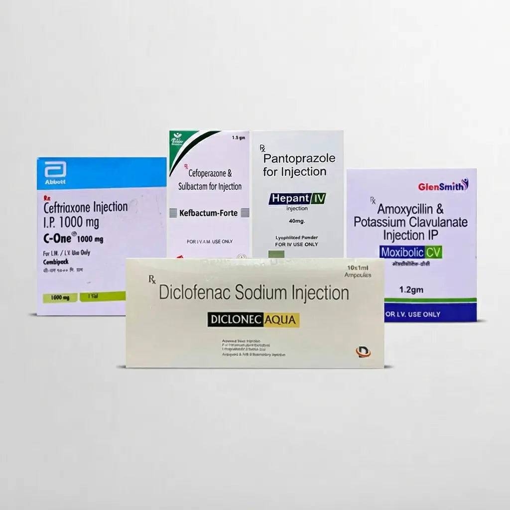 Injection vials and injectable medicines, including liquid injections, powder vials, ampoules, and pre-filled injectable formulations, displayed as a pharmaceutical product collection.