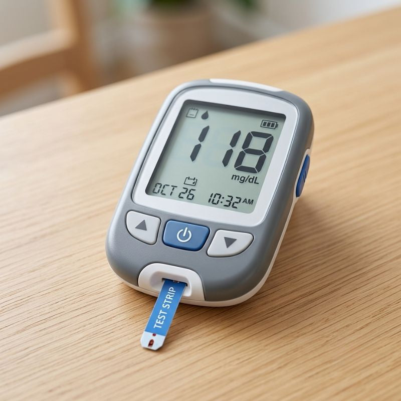 Glucometer for blood sugar monitoring with test strips and lancets