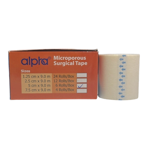 Alpha microporous surgical tape with packaging on a white background