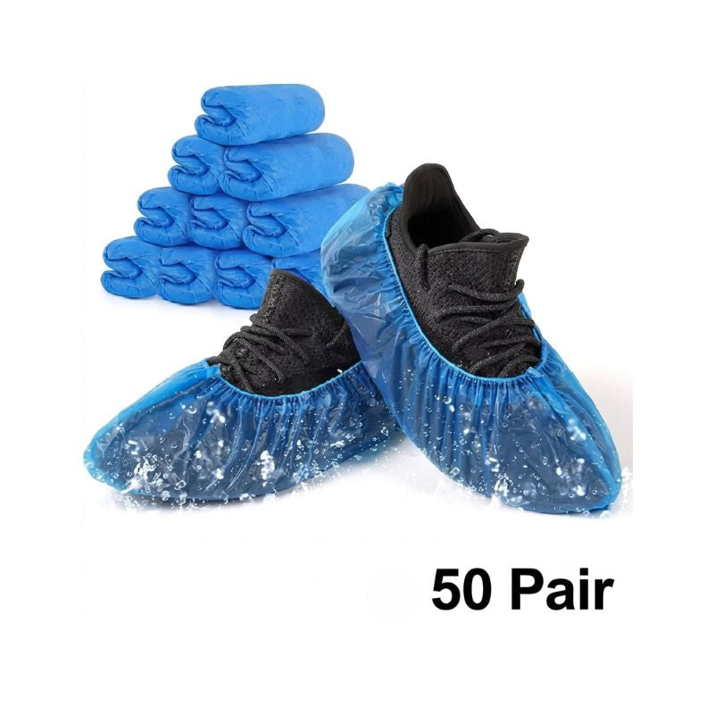 A 50-pair bulk pack stack of blue plastic shoe cover displayed alongside black sneakers with a dynamic water splash effect.