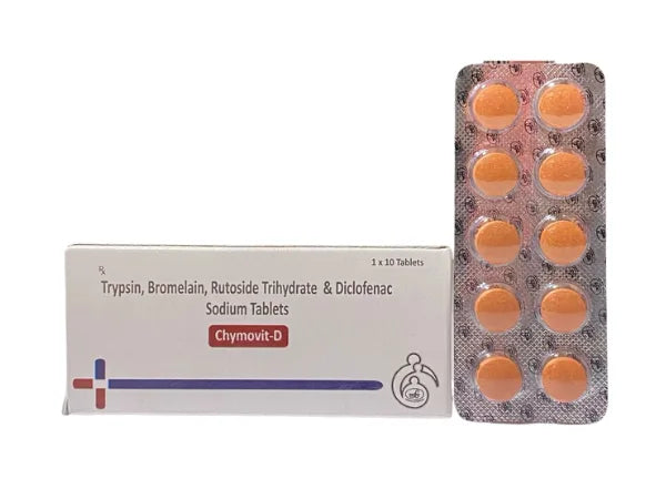 Strip Medicine> Trypsin 48mg, Rutoside Trihydrate 100mg, Bromelain 90mg and Diclofenac Sodium 50mg
