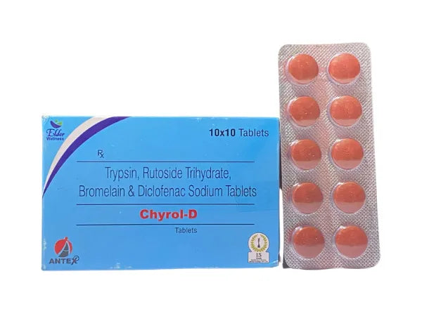 Strip Medicine> Trypsin 48mg, Rutoside Trihydrate 100mg, Bromelain 90mg and Diclofenac Sodium 50mg