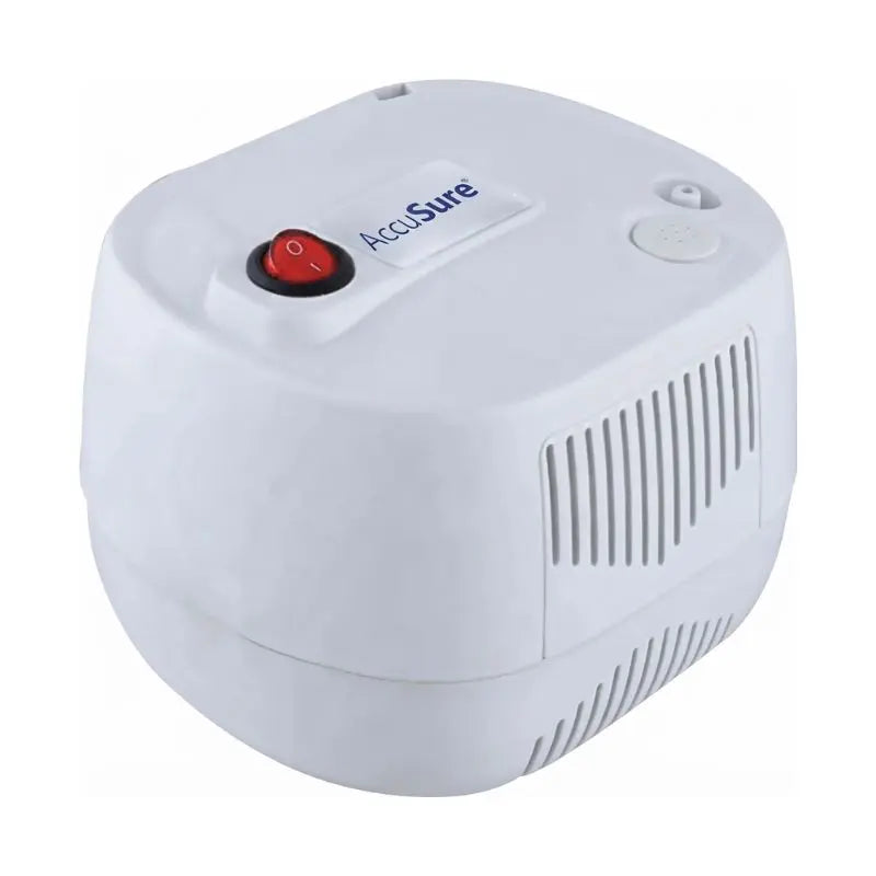 Angled front view of the white AccuSure Compact Nebulizer main compressor unit.