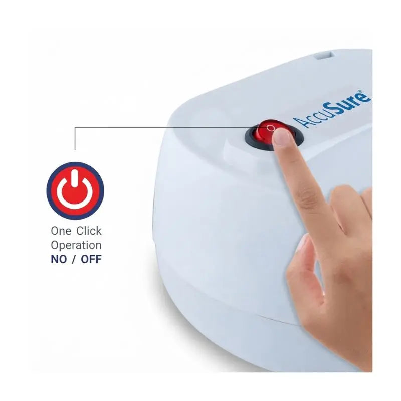 Hand pressing the one-click ON/OFF power switch on the AccuSure Compact Nebulizer.