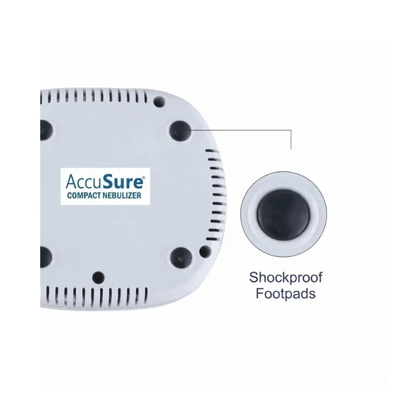 Bottom view of the AccuSure Compact Nebulizer showing stable shockproof footpads.
