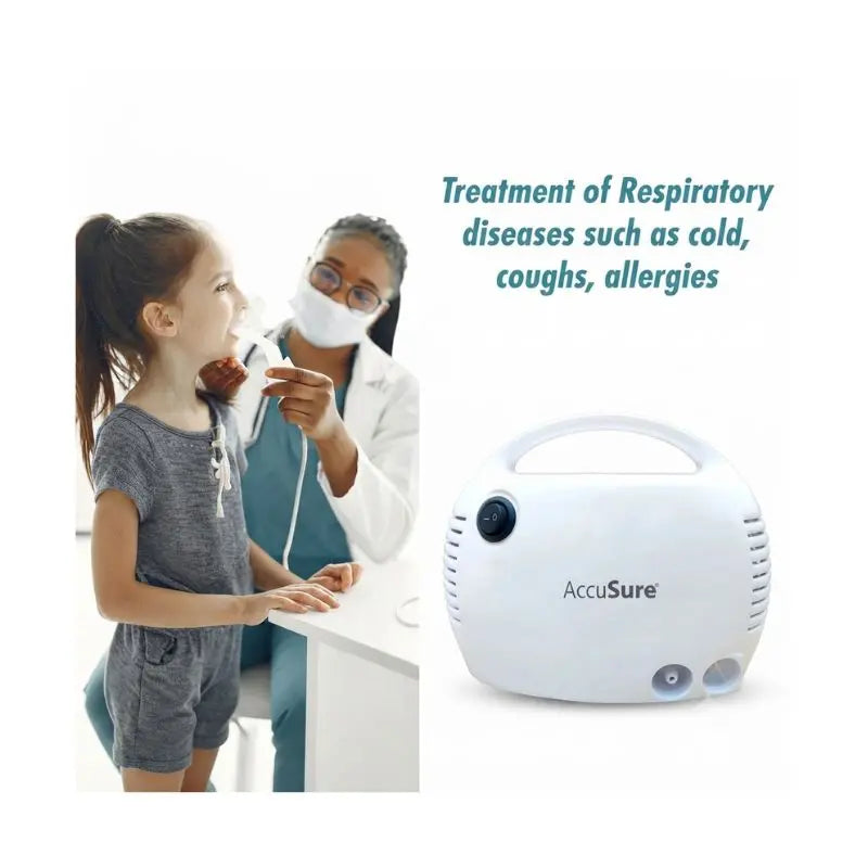 AccuSure UL Nebulizer Portable Machine being used for treating respiratory conditions like cold, coughs, and allergies in children.