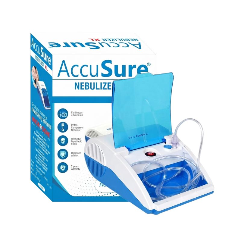 AccuSure XL nebulizer compressor  – continuous 4-hour run, compressor nebulizer with adult and pediatric mask, high build quality, and 2-year warranty for reliable respiratory therapy.