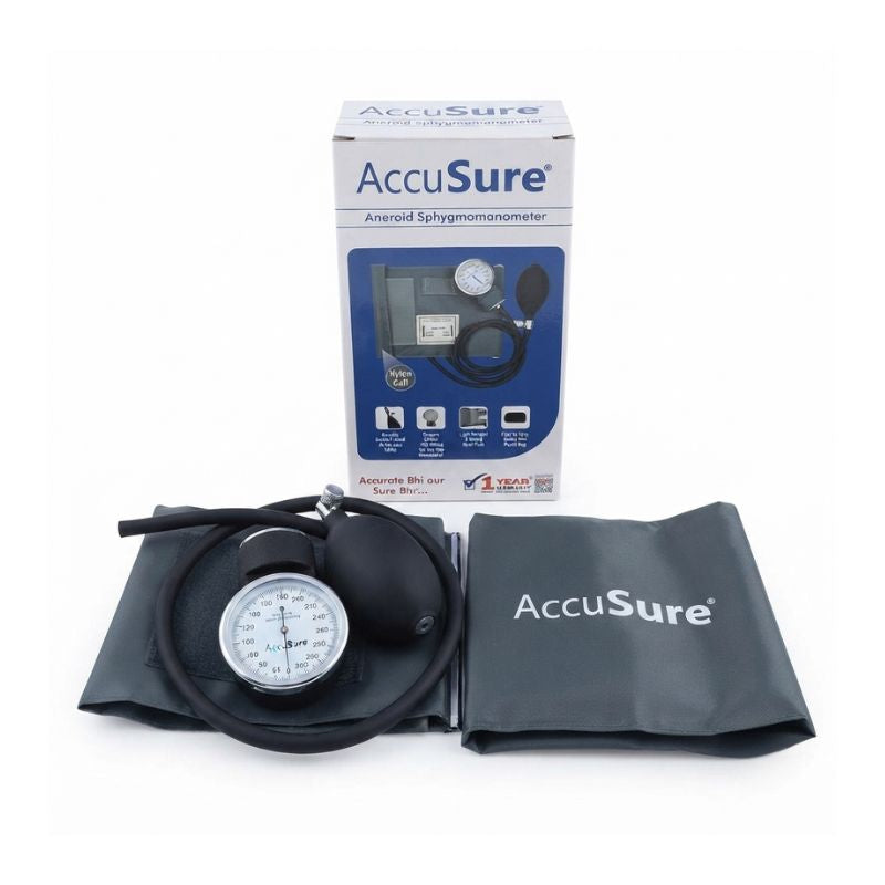 AccuSure aneroid sphygmomanometer box front – Accurate Bhi aur Sure Bhi tagline, a reliable manual blood pressure device for accurate and consistent readings.