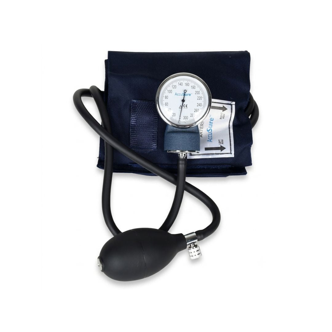 AccuSure aneroid sphygmomanometer featuring a classic round dial gauge, inflation bulb, and durable navy blue cotton blood pressure cuff.