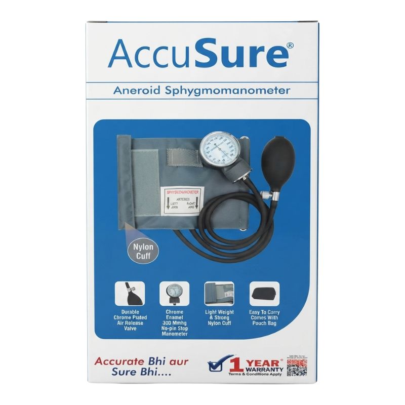 AccuSure aneroid sphygmomanometer key features – durable nylon cuff, chrome-plated manometer, lightweight and easy to carry, comes with pouch bag, 300mmHg no-pin stop, air release valve, and 1-year warranty for reliable blood pressure monitoring.