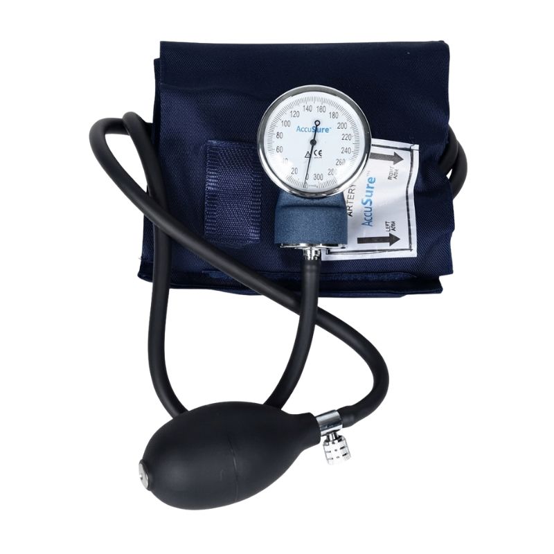 AccuSure aneroid sphygmomanometer gauge scale showing 0-300mmHg range with clear markings for precise blood pressure readings.