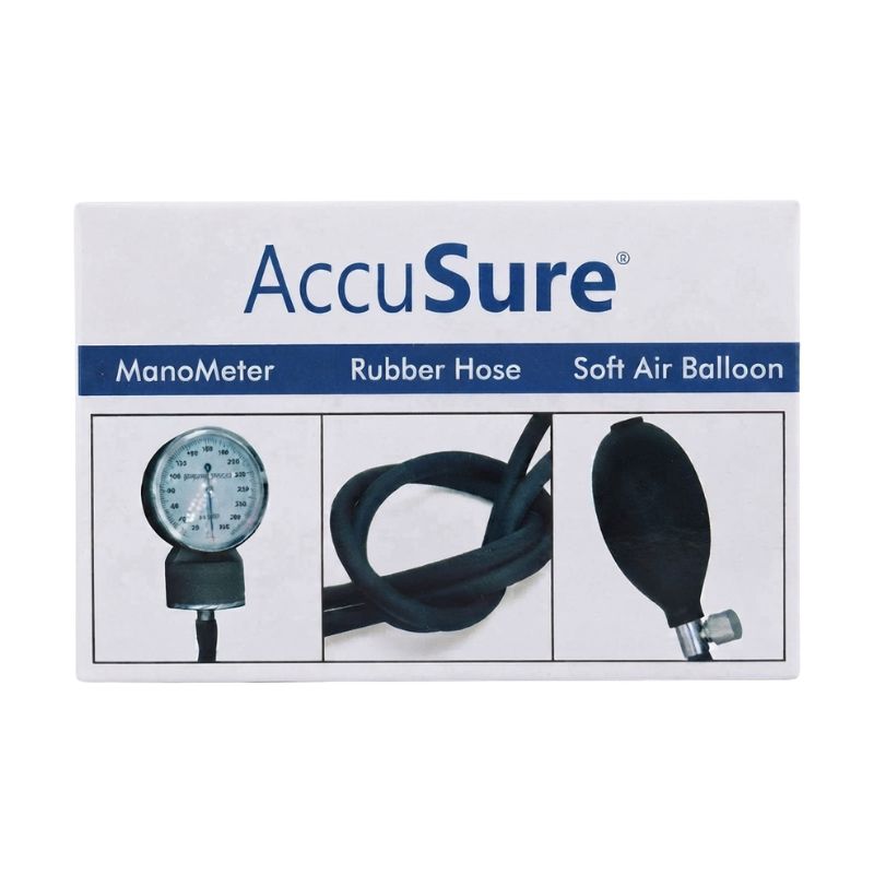 AccuSure aneroid sphygmomanometer parts – manometer gauge, rubber hose, and soft air balloon for accurate and comfortable blood pressure measurement