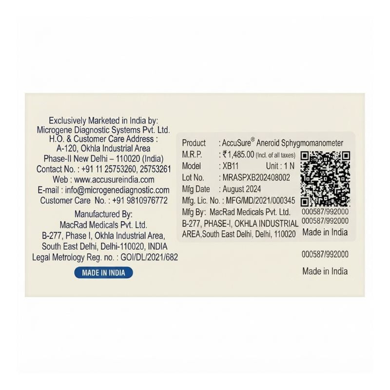 AccuSure aneroid sphygmomanometer XB11 product label – MRP ₹1,485.00, lot no. MRASPXB202408002, mfg date August 2024, mfg license MFG/MD/2021/000345, exclusively marketed by Microgene Diagnostic Systems, and manufactured by MacRad Medicals Pvt. Ltd. in India.