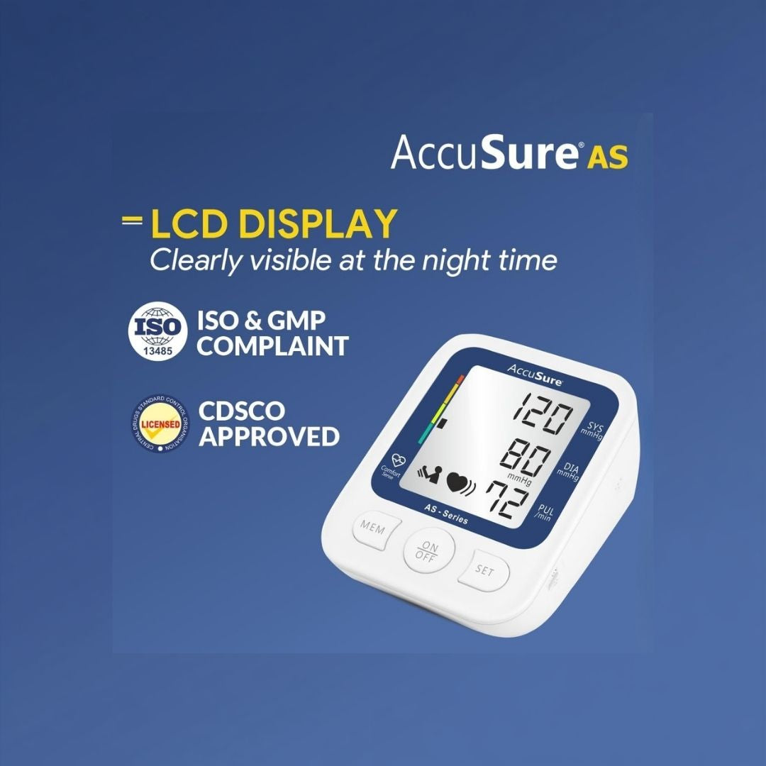 Large LCD display of Accusure AS BP monitor showing blood pressure and pulse readings