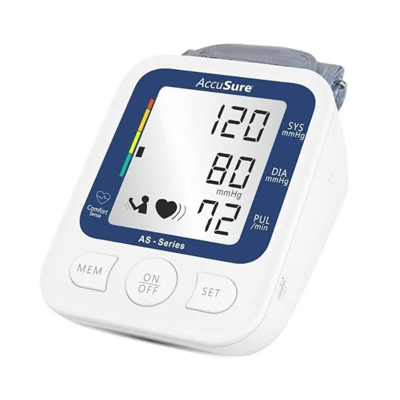 Front-facing studio view of the AccuSure AS BP Monitor displaying clear systolic, diastolic, and pulse readings.