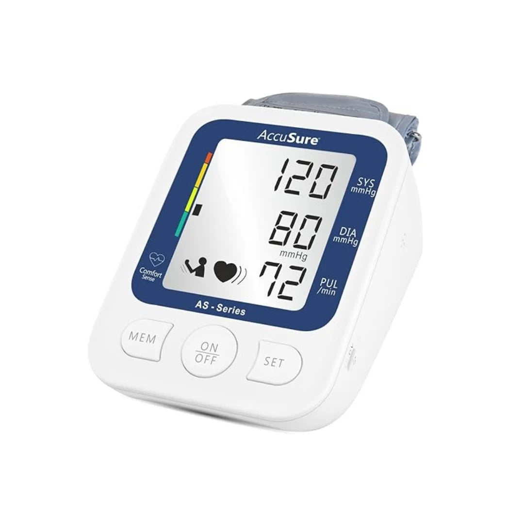 Accusure AS automatic digital blood pressure monitor front view with large LCD display
