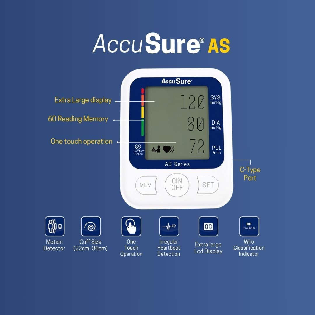 Accusure AS digital blood pressure monitor with 60-reading memory storage for tracking health history
