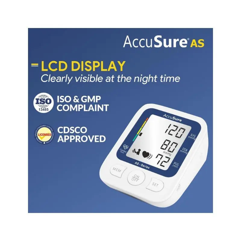 Displaying the clear nighttime visibility of the LCD screen, backed by CDSCO approval and ISO compliance for the AccuSure AS BP Monitor.