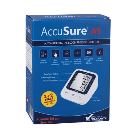 Retail packaging box showing features and warranty details for the AccuSure AS BP Monitor.