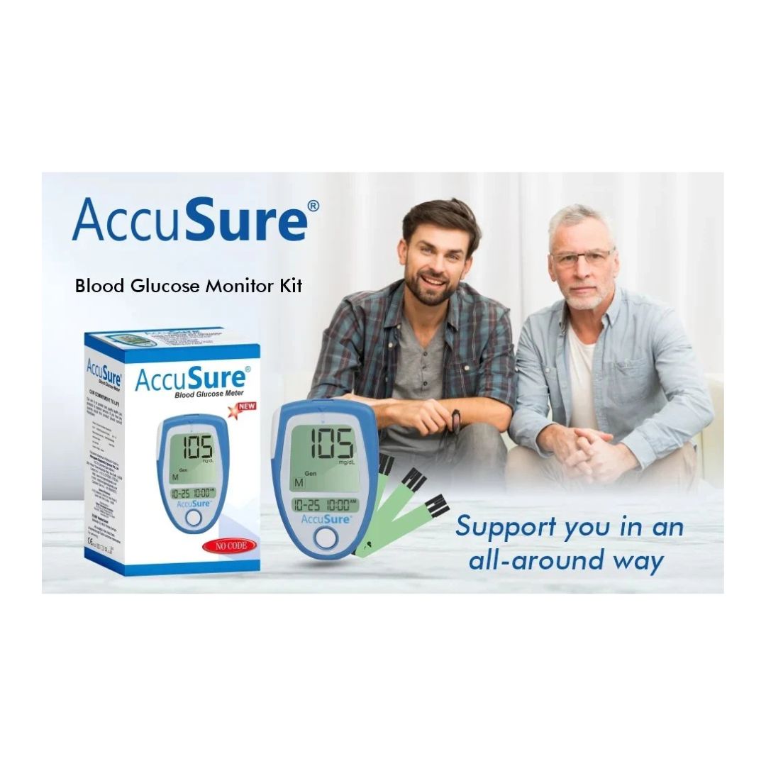 AccuSure blood glucose monitor kit box and digital meter displayed alongside two men illustrating dependable family health support.