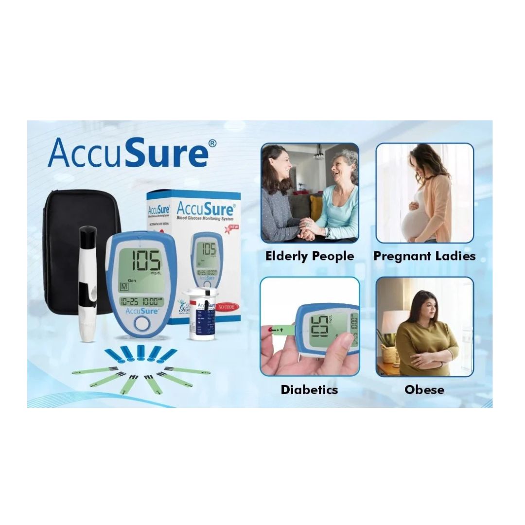 AccuSure blood glucose monitoring system complete kit suitable for elderly people, pregnant women, diabetics, and weight management.