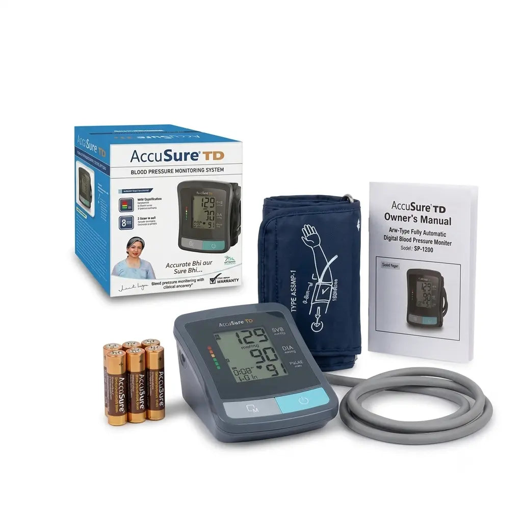 Complete retail box, digital monitor unit, arm cuff, instruction manual, and batteries included in the accusure blood pressure monitoring machine set.