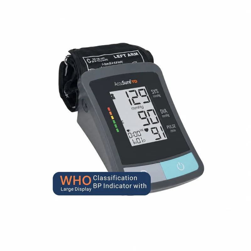 The accusure blood pressure monitoring machine connected with its left arm cuff and displaying WHO classification indicators.