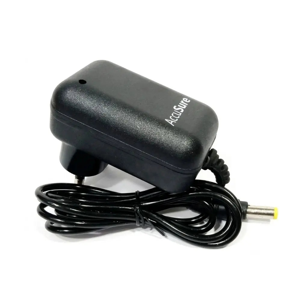Studio product view of the black AccuSure branded BP machine adapter unit with an integrated power cord and plug.