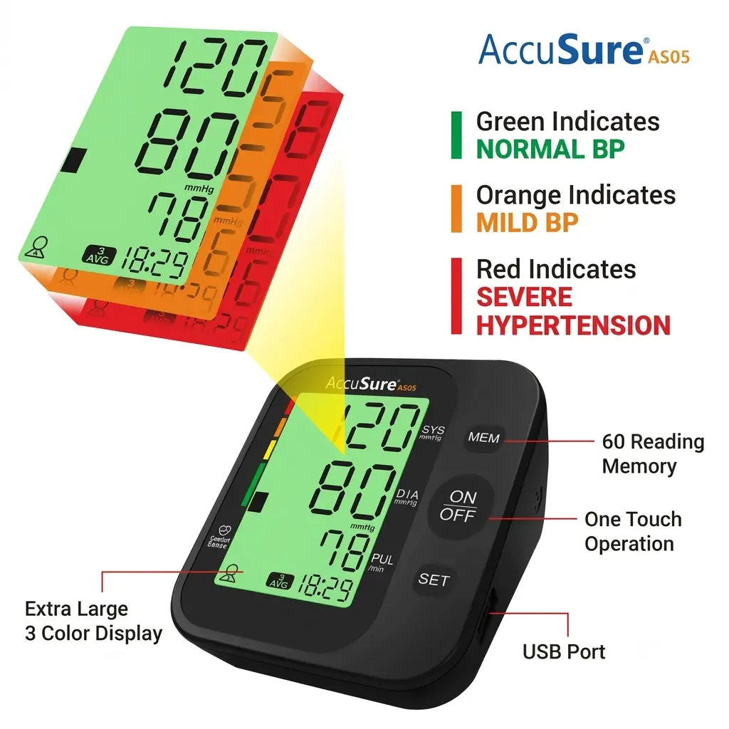 Feature breakdown graphic highlighting the extra-large 3-color display, normal to severe hypertension risk indicators, and USB port on the AccuSure AS05 BP Machine.
