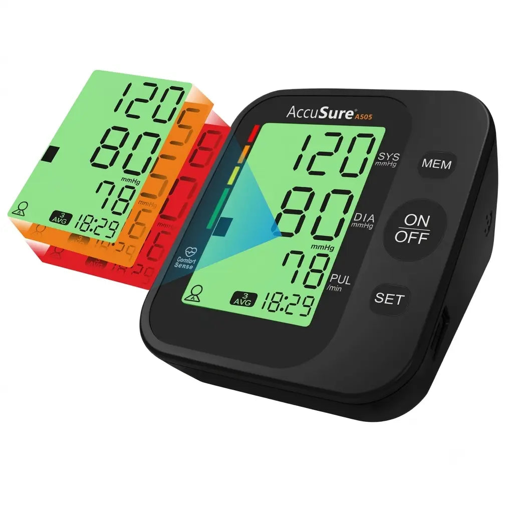 Illustrative graphic showing the 3-color smart display layers of the AccuSure AS05 BP Machine.