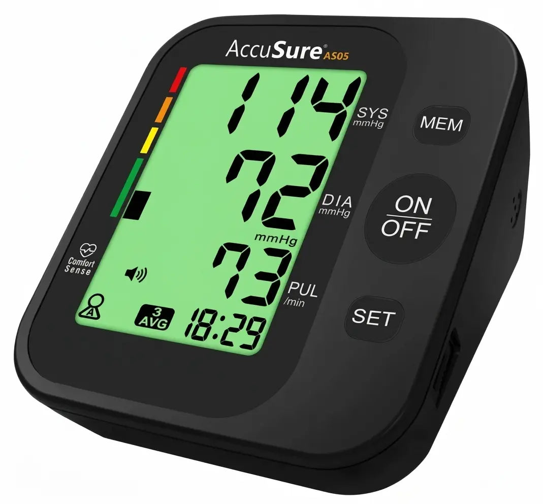 Close-up front view of the AccuSure AS05 BP Machine displaying systolic, diastolic, pulse readings, and date-time interface.