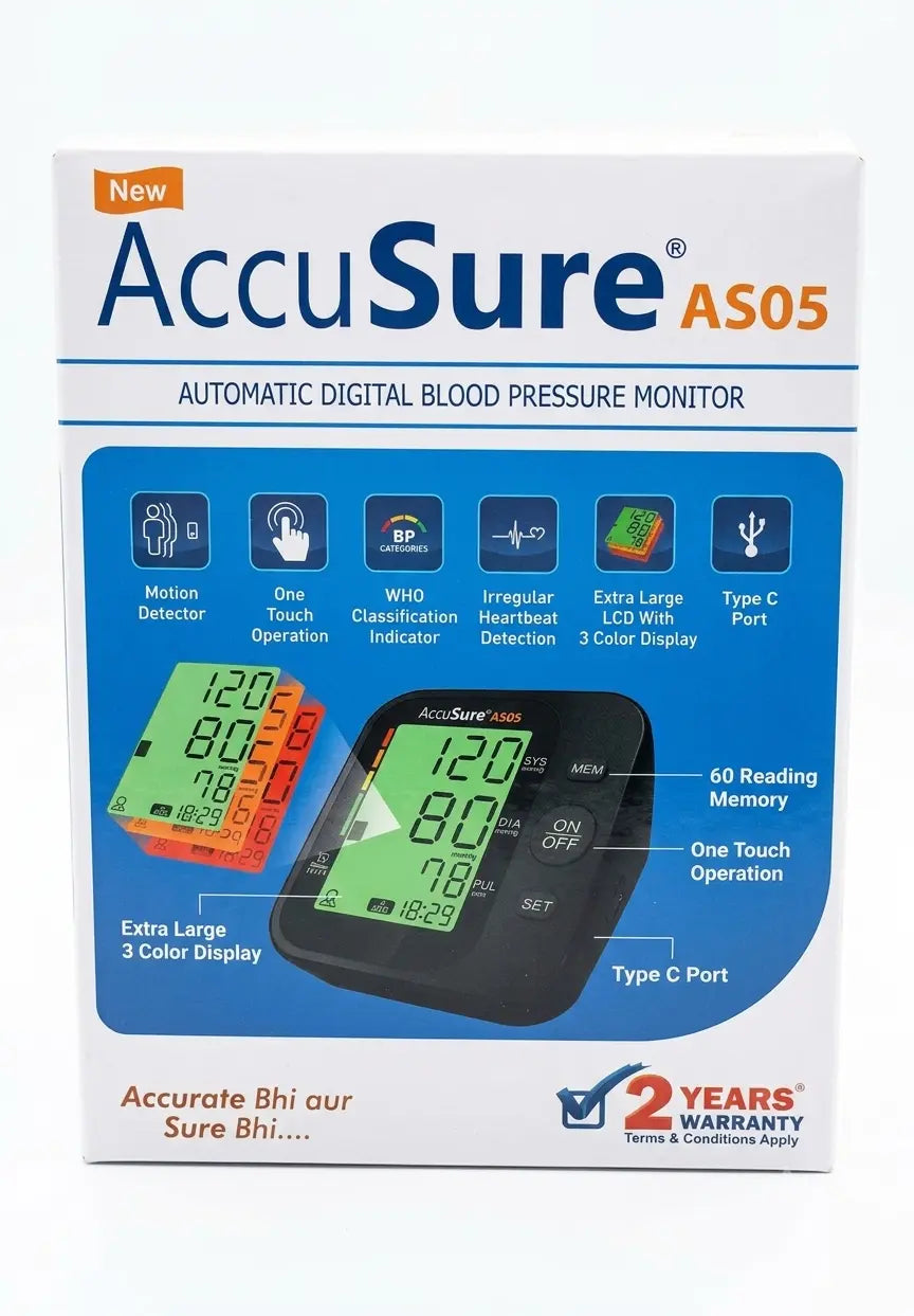 Retail packaging box displaying specifications, features, and warranty details for the AccuSure AS05 BP Machine.