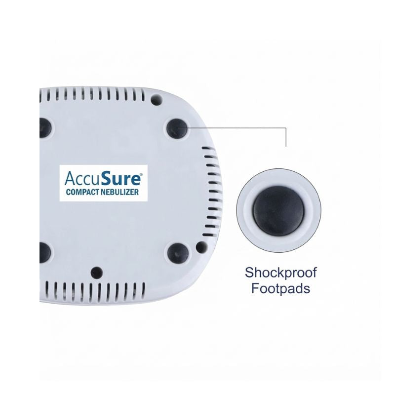 Bottom view of the AccuSure Compact Nebulizer showing anti-slip shockproof footpads for stable operation.