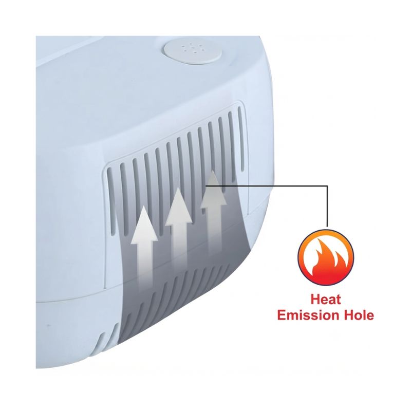 Side view of the AccuSure Compact Nebulizer highlighting built-in heat emission slots for cooling.
