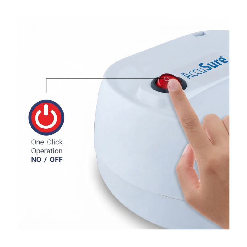 Close-up of the red power switch showing one-click ON/OFF operation on the AccuSure Compact Nebulizer.