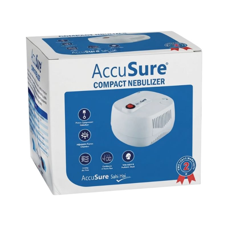 Official retail packaging box of the AccuSure Compact Nebulizer showcasing specifications and 2-year warranty.