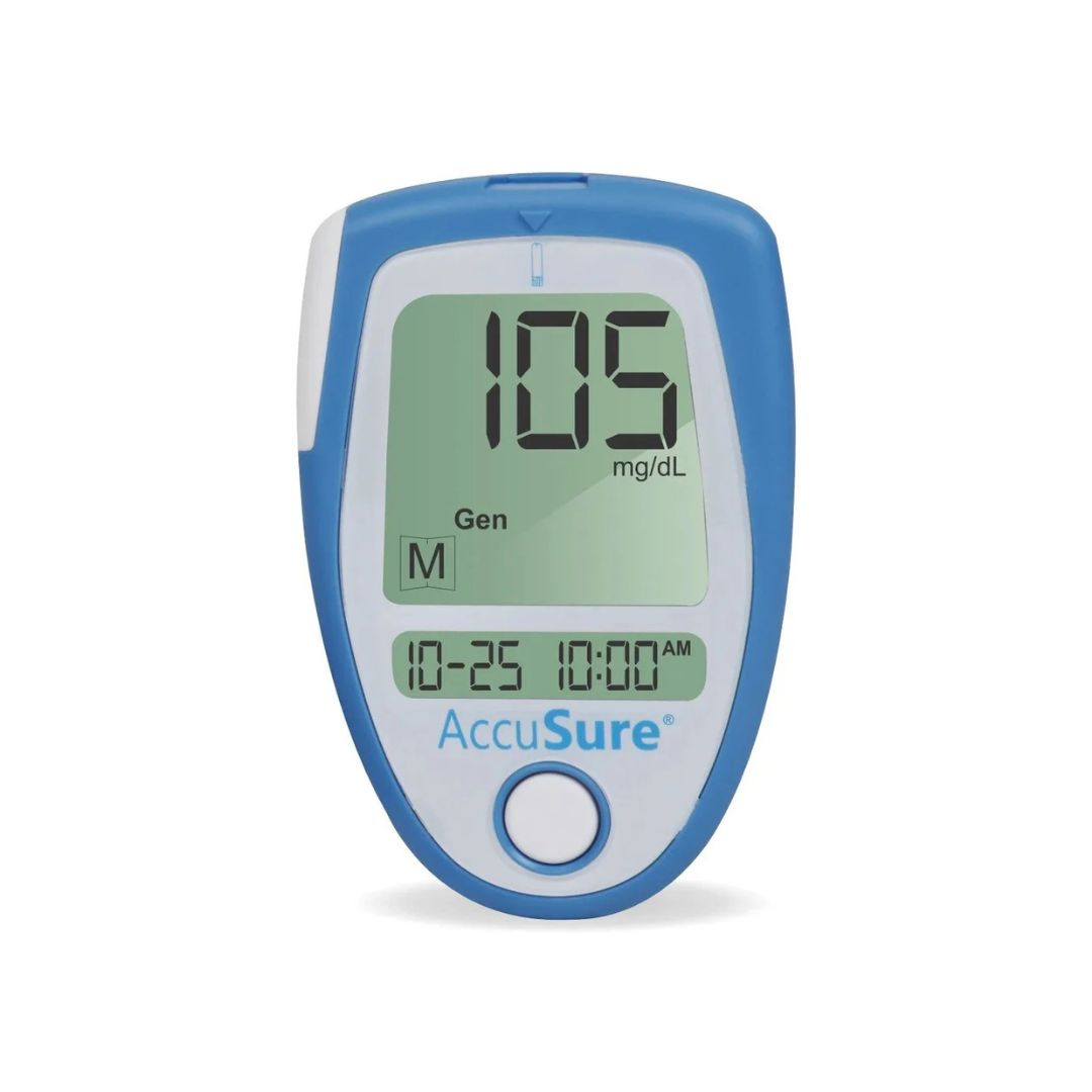 Close-up front view of the AccuSure digital blood glucose meter displaying a clear blood sugar reading of 105 mg/dL on the LCD screen.
