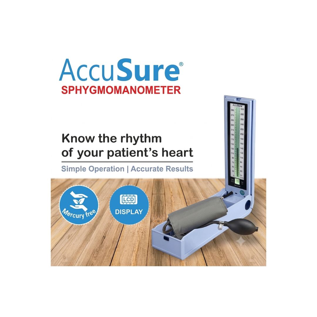AccuSure mercury-free sphygmomanometer with LCD column display designed for simple operation and accurate clinical blood pressure results.
