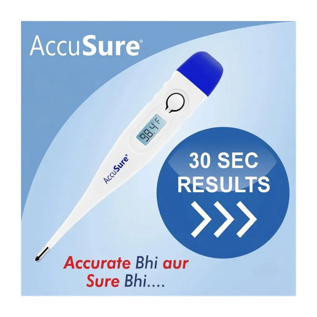 AccuSure digital thermometer delivering fast 30-second results – accurate and reliable temperature measurement with the trusted "Accurate Bhi aur Sure Bhi" promise.