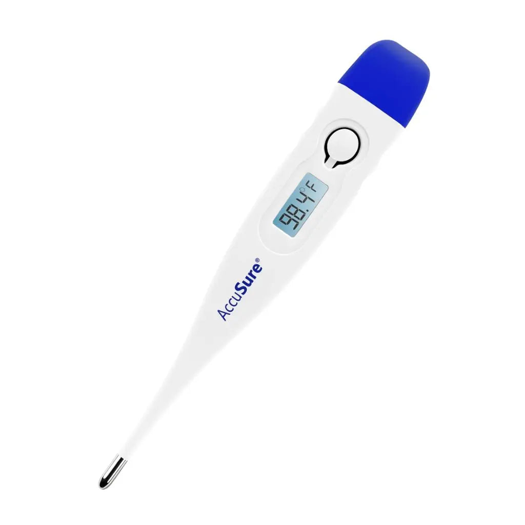 AccuSure digital thermometer box back panel with complete specifications – featuring 30-second fast results, 100% mercury free, waterproof design, fever alarm, low battery detection, auto shut-off, oral/rectal/basal use, and 2-year warranty – a reliable and accurate thermometer for the entire family.