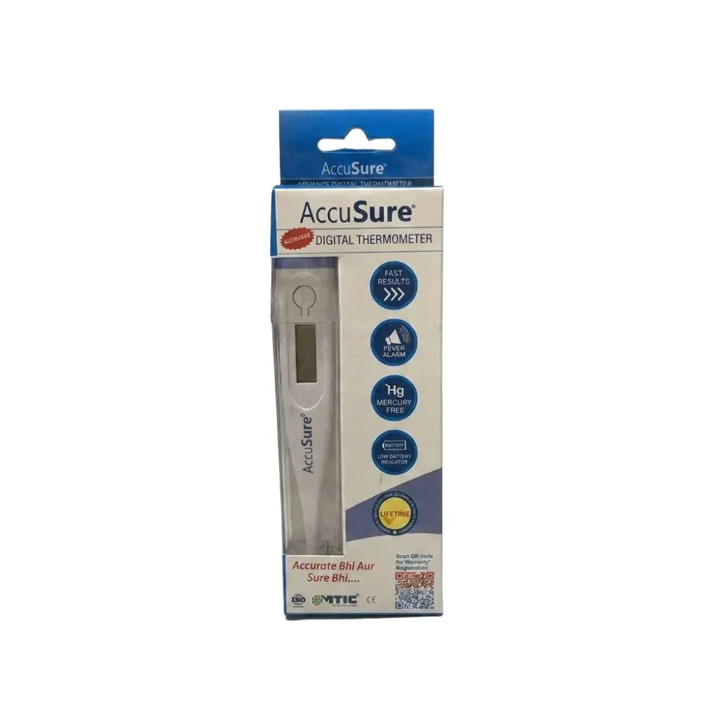 AccuSure Thermometer – AccuSure digital thermometer box packaging featuring fast results, high accuracy, digitally calibrated, low battery detection, and "Accurate Bhi aur Sure Bhi" tagline – a complete and reliable home health solution.