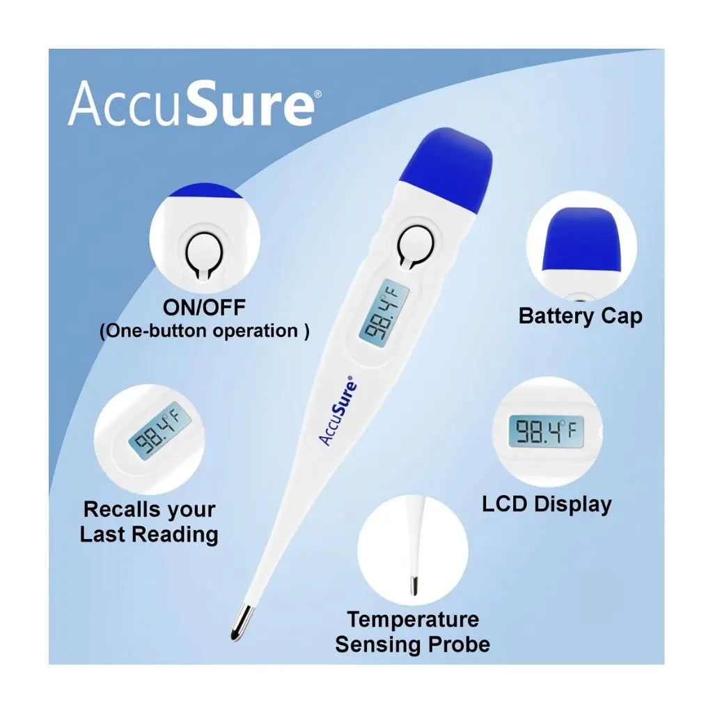 AccuSure digital thermometer featuring one-button operation, LCD display showing 98.4°F, temperature sensing probe, battery cap, and last reading recall for easy and accurate fever detection.