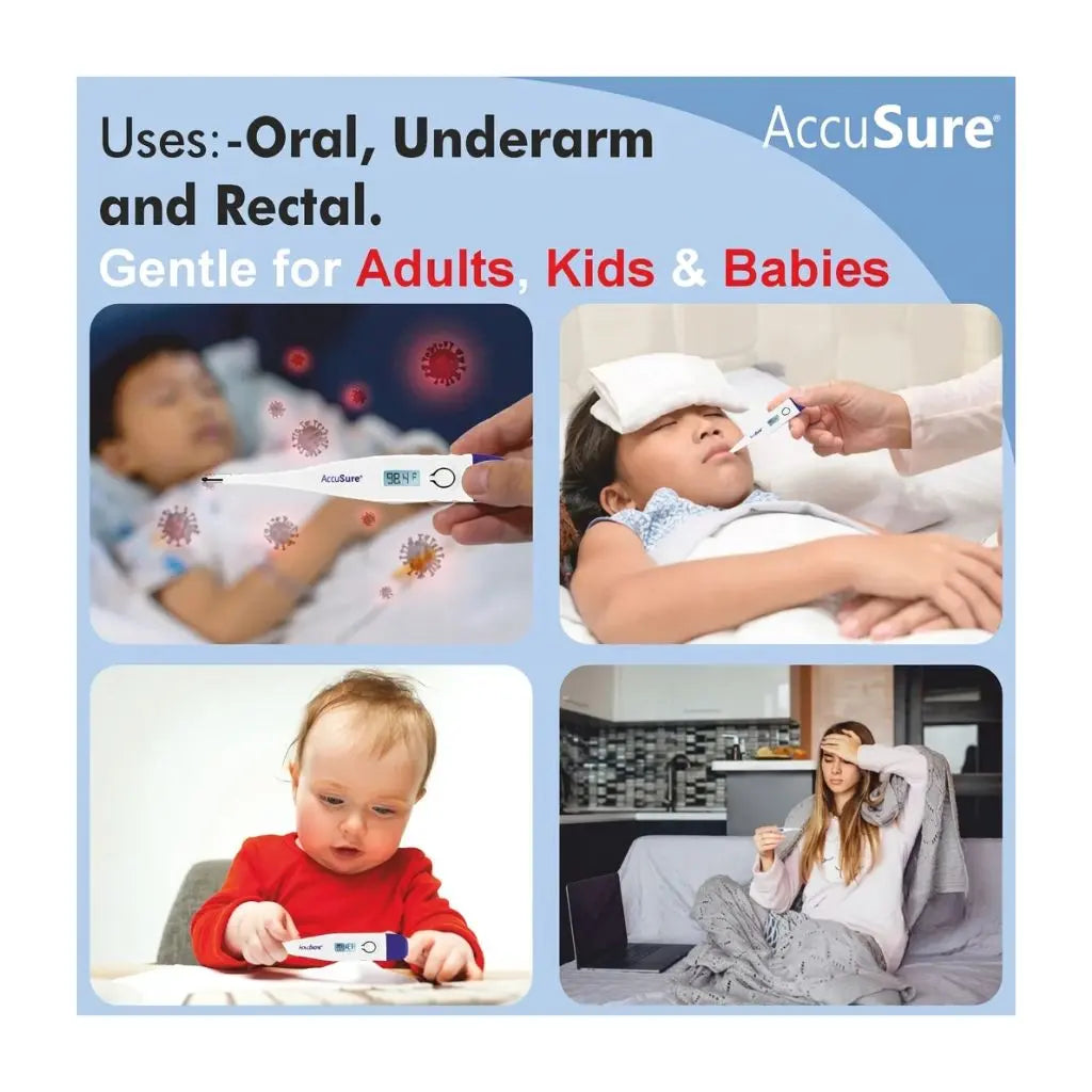 AccuSure digital thermometer suitable for oral, underarm, and rectal use – gentle for adults, kids, and babies, making it a versatile and safe choice for the entire family.