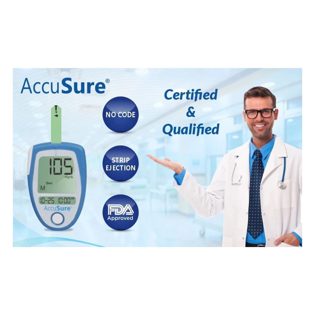 Medical professional presenting the FDA approved and certified AccuSure blood glucose meter featuring no coding required and strip ejection.