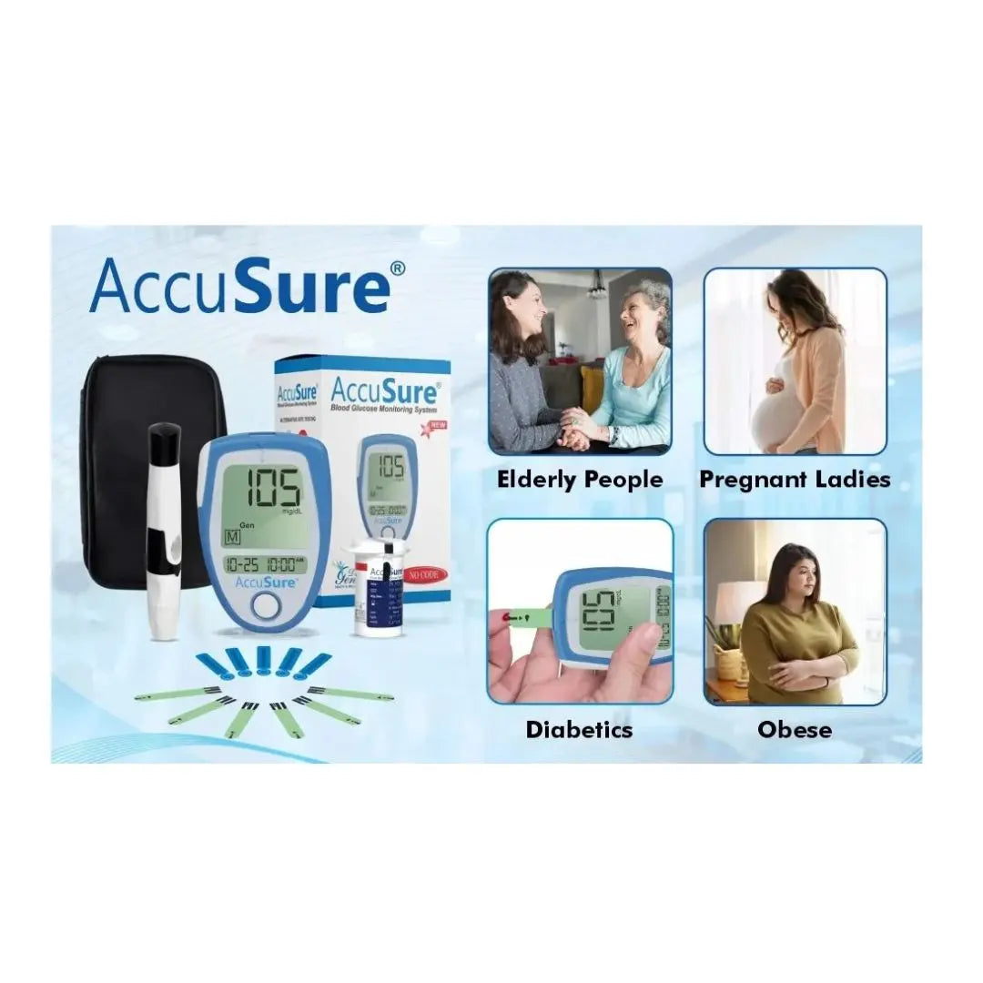 Retail packaging box and complete kit display for the AccuSure Glucometer showcasing all-around health support.